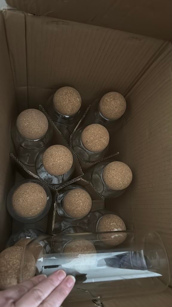 Glazen potjes met kurk - set van 12, Huis en Inrichting, Woonaccessoires | Vazen, Gebruikt, Overige kleuren, Ophalen of Verzenden