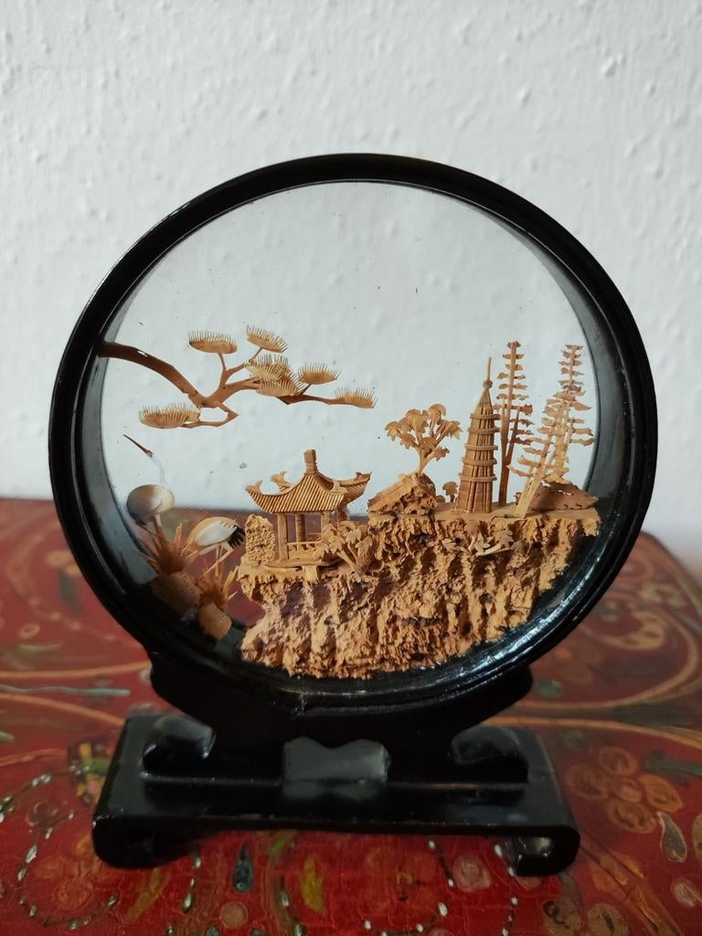 Prachtig klein oud Chinees diorama met kurksnijwerk, Antiek en Kunst, Verzenden