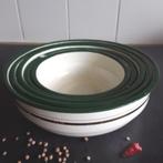 5 mooie crèmekleurige emaille nestschalen met groene rand, Antiek en Kunst, Antiek | Emaille, Ophalen of Verzenden