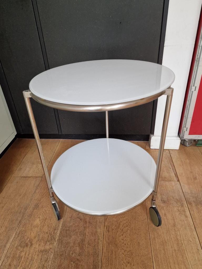 Rond wit glazen Ikea bijzettafeltje op wieltjes, Huis en Inrichting, Minder dan 55 cm, Rond, Glas, Ophalen