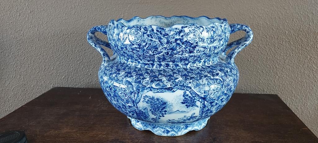 Blauwe bloempot met Chinese motieven, Tuin en Terras, Bloempotten, Overige materialen, Rond, Ophalen of Verzenden, Zo goed als nieuw