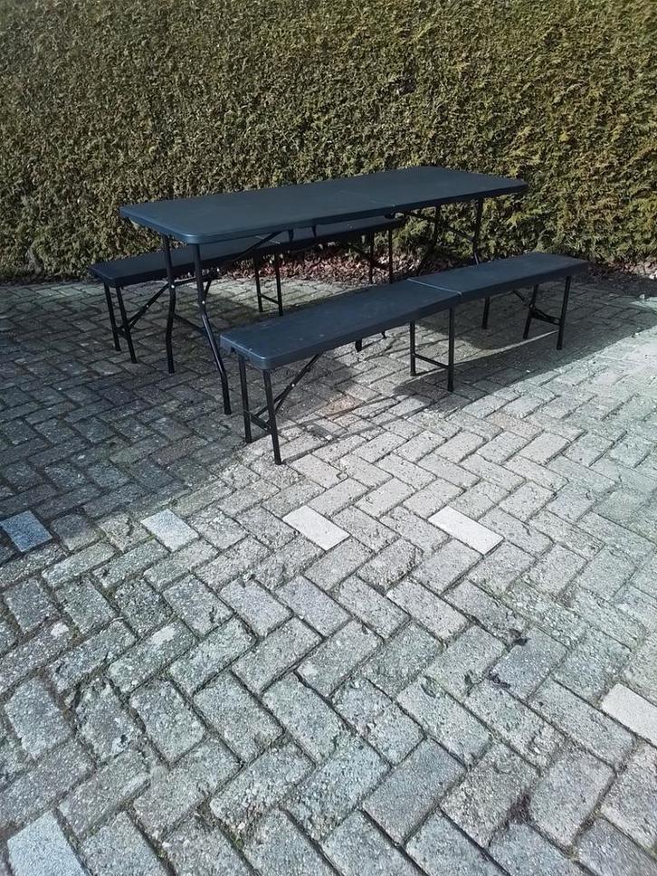 Inklapbare picknicktafel met 2 bankjes, Tuin en Terras, Picknicktafels, Zo goed als nieuw, Rechthoekig, Overige materialen, Inklapbaar