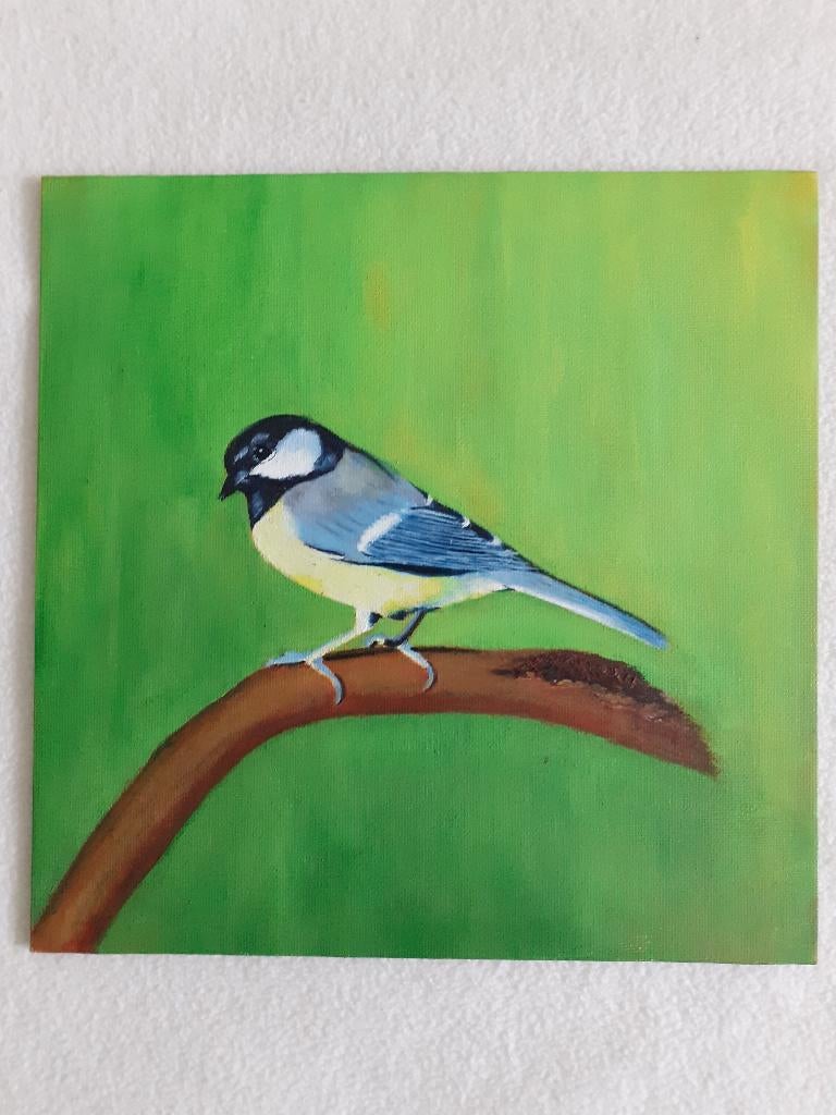 Olieverf schilderijtje van een koolmees, Antiek en Kunst, Ophalen of Verzenden