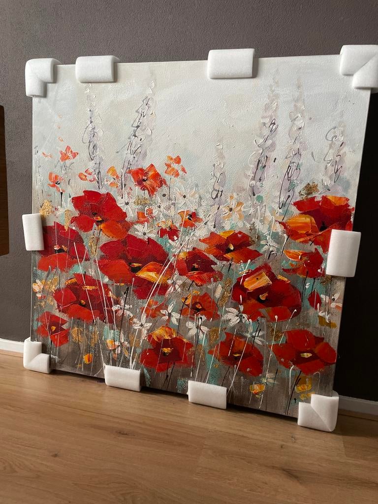 Schilderij met rode klaprozen en bloemen, Antiek en Kunst, Ophalen