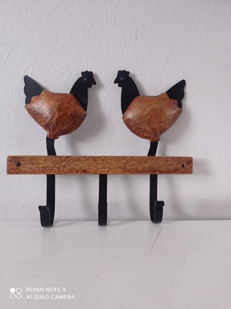 Vintage houten en metalen muurhaak kip, Antiek en Kunst, Ophalen of Verzenden