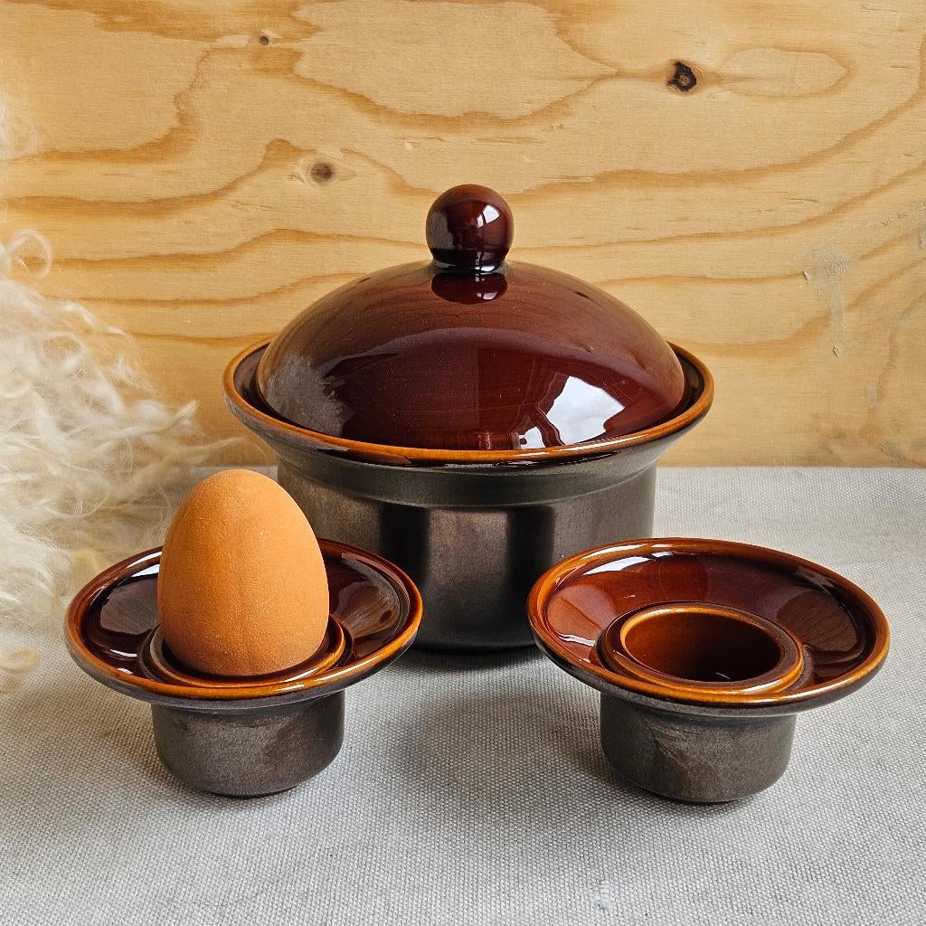 Driehoek Huizen Holland set deksel schaaltje en 2 eierdopjes, Keramiek, Overige typen, Ophalen of Verzenden, Zo goed als nieuw