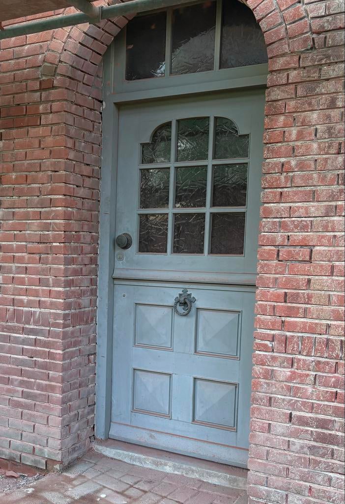 Oude houten deur met glas en kozijn, Ophalen, Gebruikt, 80 tot 100 cm, 215 cm of meer