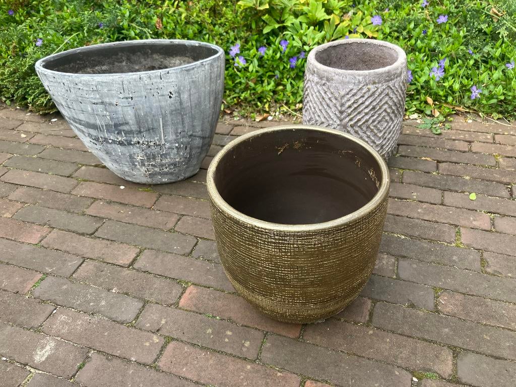 3 plantenpotten, grijs en goud, Ophalen, Overige materialen, Gebruikt, Minder dan 60 cm