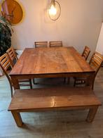Teakhouten eettafel met 6 stoelen en bankje, Ophalen