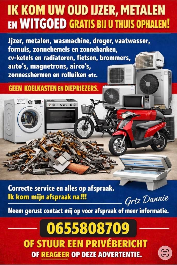 Gratis Ophalen Oud IJzer, Metalen en Witgoed aan Huis, Witgoed en Apparatuur, Overige Witgoed en Apparatuur, Niet werkend, Ophalen of Verzenden