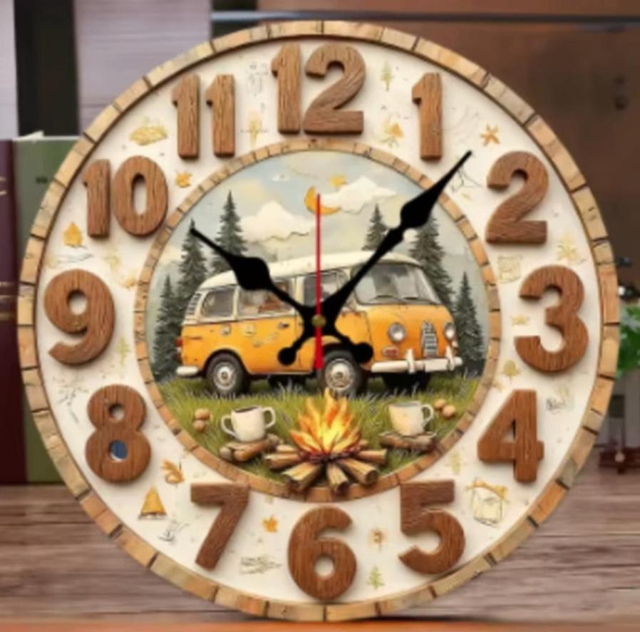 Ronde wandklok van hout Hippie Bus (25cm), Ophalen of Verzenden, Nieuw, Wandklok