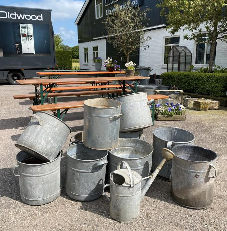 Emmers, Zinken emmer, Gieter, Plantenbak, Zink, Antiek en Kunst, Curiosa en Brocante, Ophalen