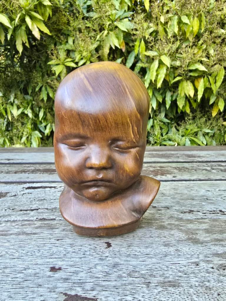 Antiek kinderhoofdje sculptuur - Gebr. van Paridon 521, Overige onderwerpen, Houtsnijwerk, Minder dan 20 cm, Handgemaakt