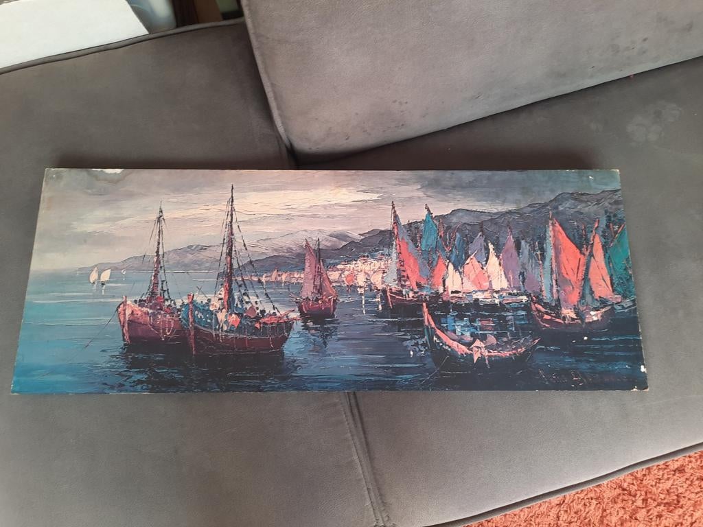 Kleurrijk maritiem haventafereel 88 x 34,5, Ophalen