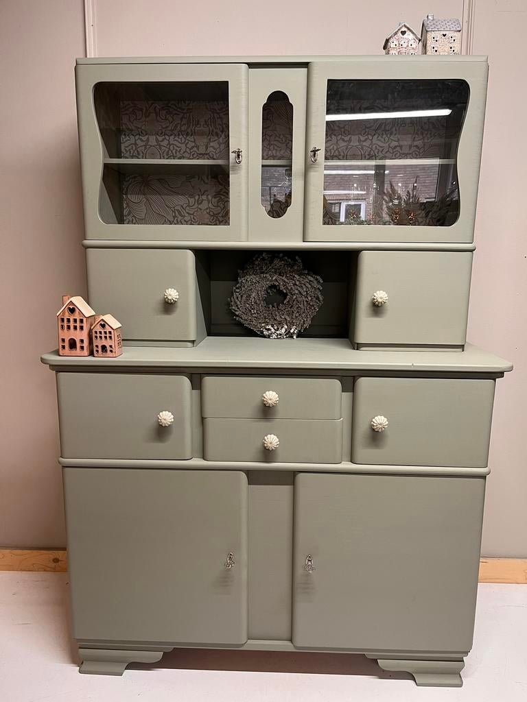 Retro kast buffetkast gepimpt groen met behang keukenkast, Ophalen of Verzenden, Zo goed als nieuw, 150 tot 200 cm, 50 tot 75 cm