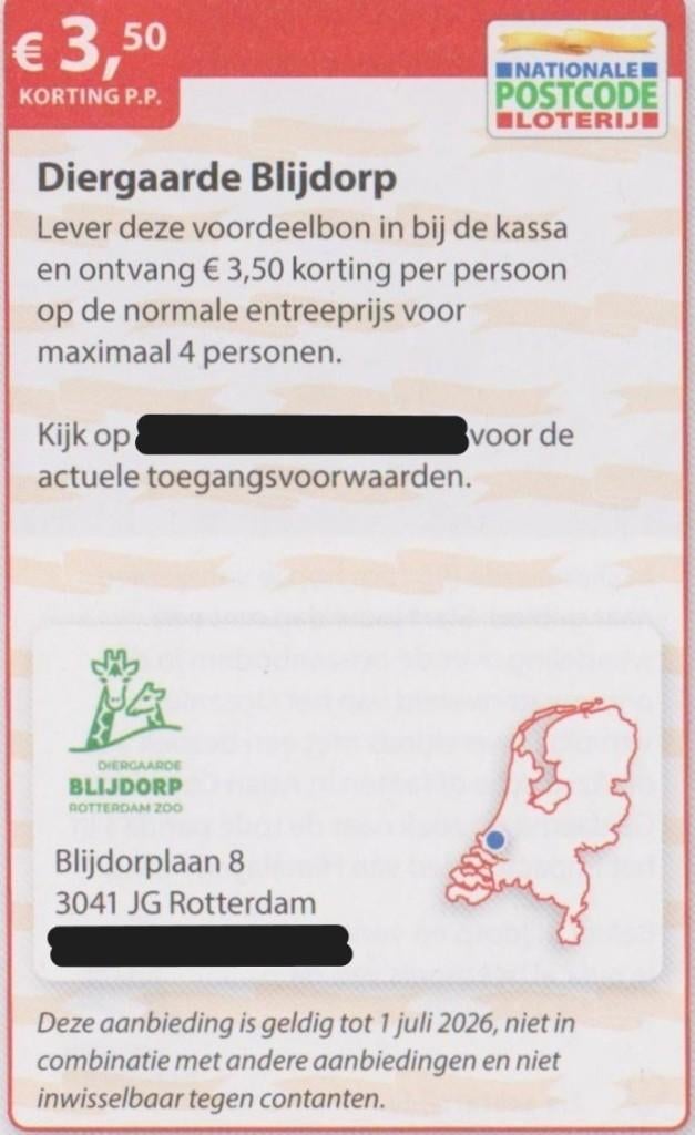 Diergaarde Blijdorp €3,50 korting p.p. Postcodeloterij bon., Drie personen of meer, Kortingskaart