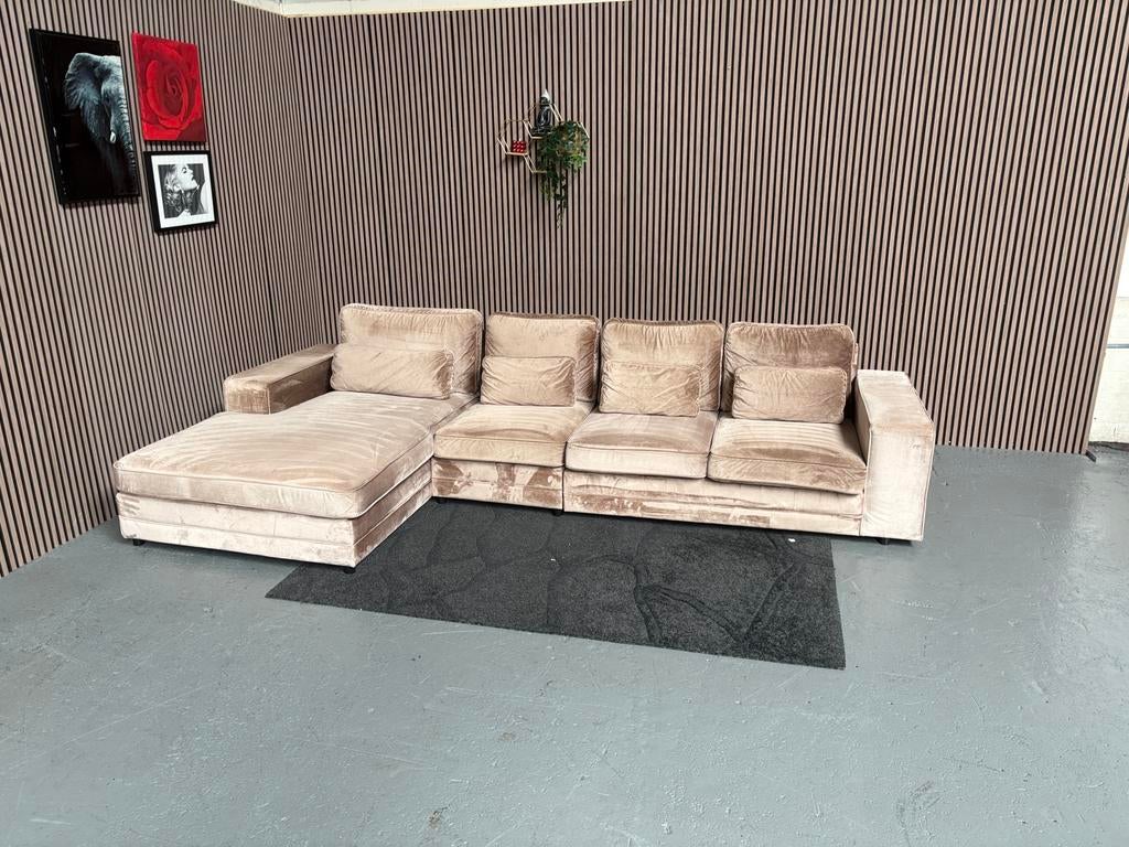 GRATIS LEVERING Velvet Loungebank Beige 360x195 GEREINIGD, Huis en Inrichting, Banken | Bankstellen, Hoekbank, 300 cm of meer