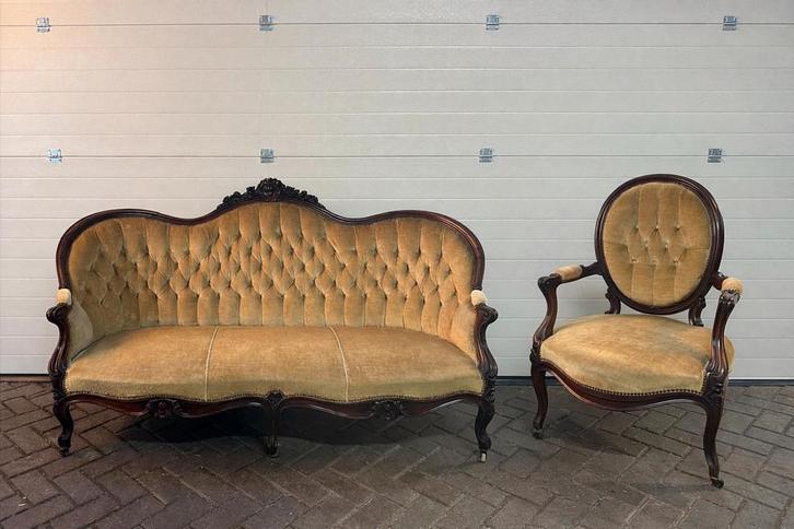 Antieke canapé bank en stoel mosterdgeel, Huis en Inrichting, Banken | Sofa's en Chaises Longues, Gebruikt, Driepersoons, Ophalen of Verzenden