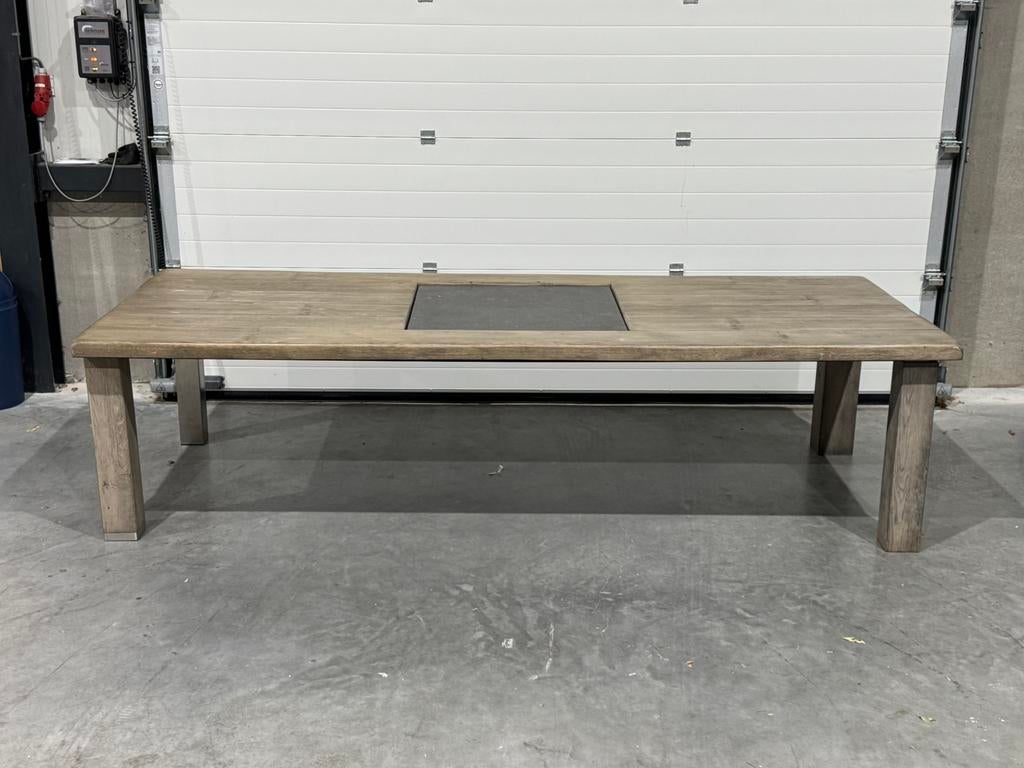 Grote eettafel hout/stenen blad 300cm, Huis en Inrichting, Tafels | Eettafels, Ophalen, Gebruikt, 100 tot 150 cm, 200 cm of meer