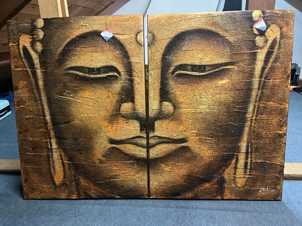 Boeddha Schilderij Tweeluik - Goudkleurig, Antiek en Kunst, Kunst | Schilderijen | Modern, Ophalen of Verzenden