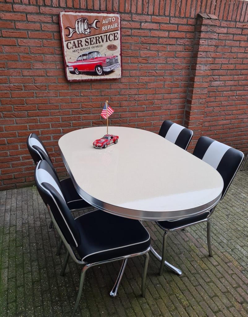 FIFTIES SIXTIES BEL AIR DINER STOELEN MET TAFEL AMERIKAANS, Ophalen, Zwart, Overige materialen, Vijf, Zes of meer stoelen