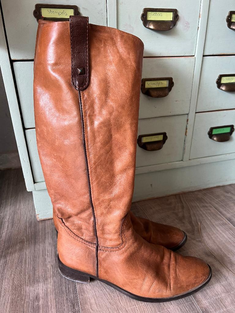 Vintage cognac platte leren cavalerie hoge laarzen 41 42, Hoge laarzen, Bruin, Ophalen of Verzenden, Vintage