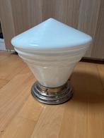 Vintage plafond lamp met metalen voet en melkglas, Ophalen, Gebruikt, Glas