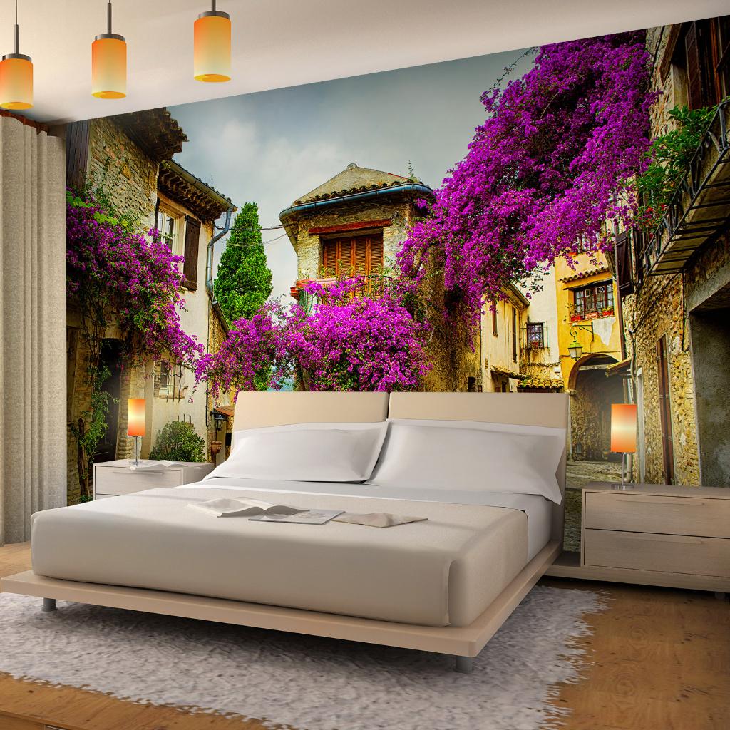 64 Paars Bloemen Huizen Vlies Fotobehang 350x250cm Nieuw, Huis en Inrichting, Stoffering | Behang, Ophalen of Verzenden, Minder dan 10 m²