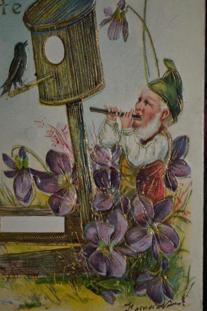 frankrijk relief 1906 kabouter fluit vogel viooltjes, Verzamelen, Ansichtkaarten | Themakaarten, Ophalen of Verzenden, Voor 1920