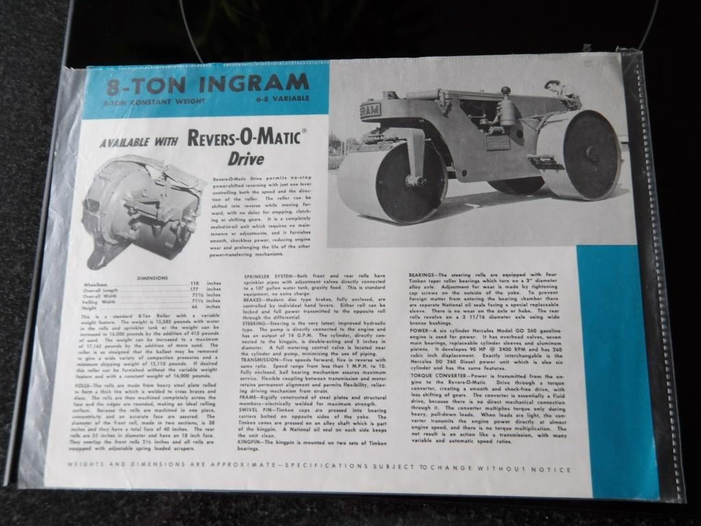 Folder 8-Ton Wals 3 wheel Ingram 1959, Verzenden, Zo goed als nieuw, Overige merken