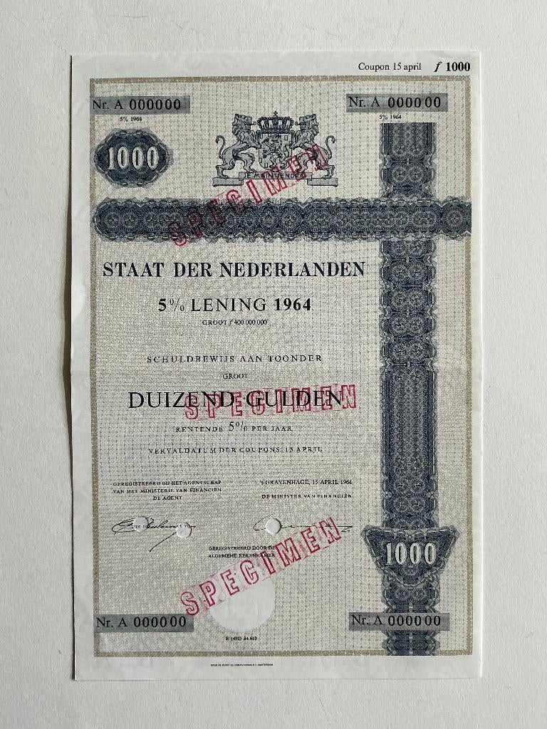 5% Staatslening 1964, 1000 Gulden, Specimen, Postzegels en Munten, Aandelen en Waardepapieren, Ophalen of Verzenden, 1950 tot 1970