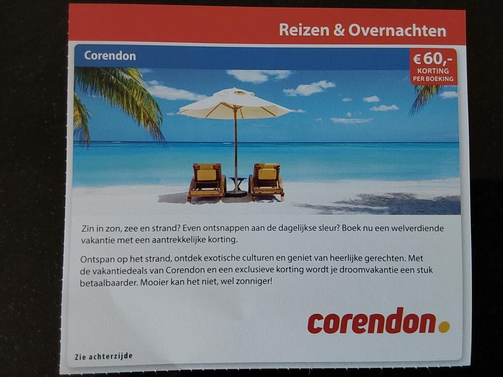 kortingsbon Corendon 60 euro - voor GOED DOEL, Tickets en Kaartjes, Kortingen en Cadeaubonnen, Eén persoon, Kortingsbon