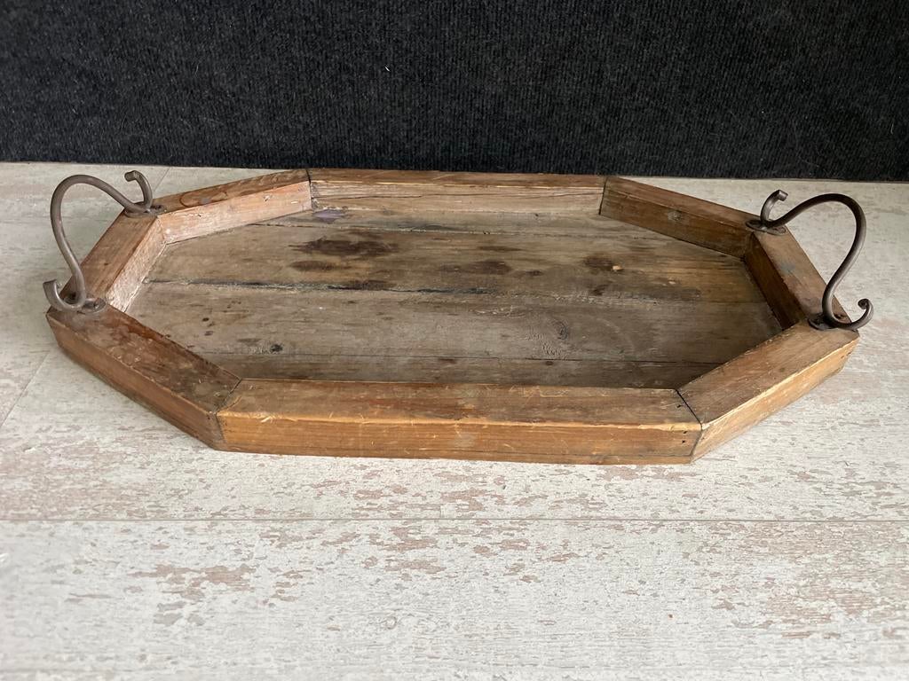 Houten dienblad met metalen handvatten, Huis en Inrichting, Ophalen of Verzenden, Gebruikt, Overige vormen, Hout