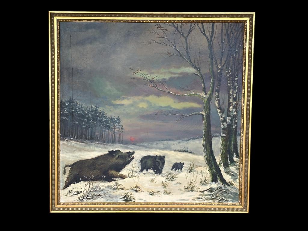 Schilderij Everzwijnen in winters landschap. Gesign., Ophalen of Verzenden