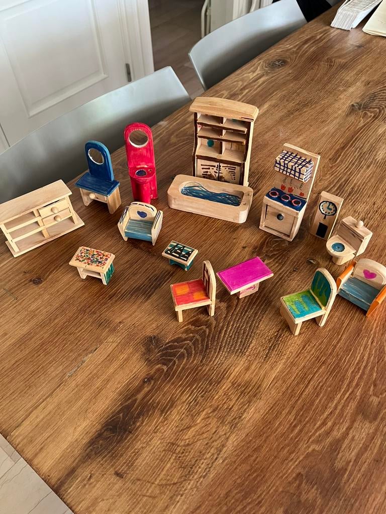 Mini Vintage Houten Dubbele Deur Kledingkast voor Poppenhuis, Vintage