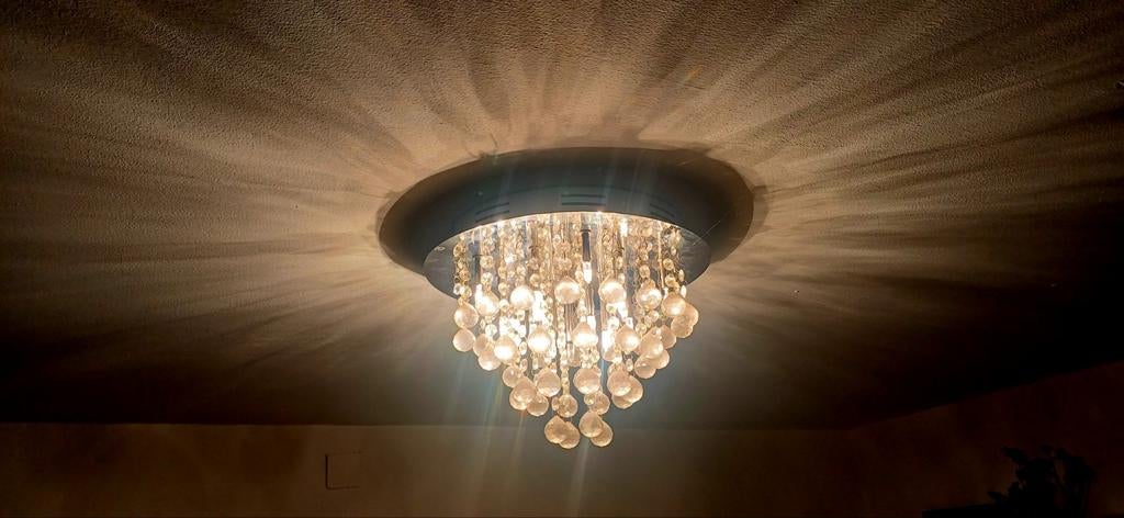 Moderne Plafondlamp met Kristallen Druppels, Ophalen of Verzenden, Zo goed als nieuw, Glas, Modern, Glamour, Kristal