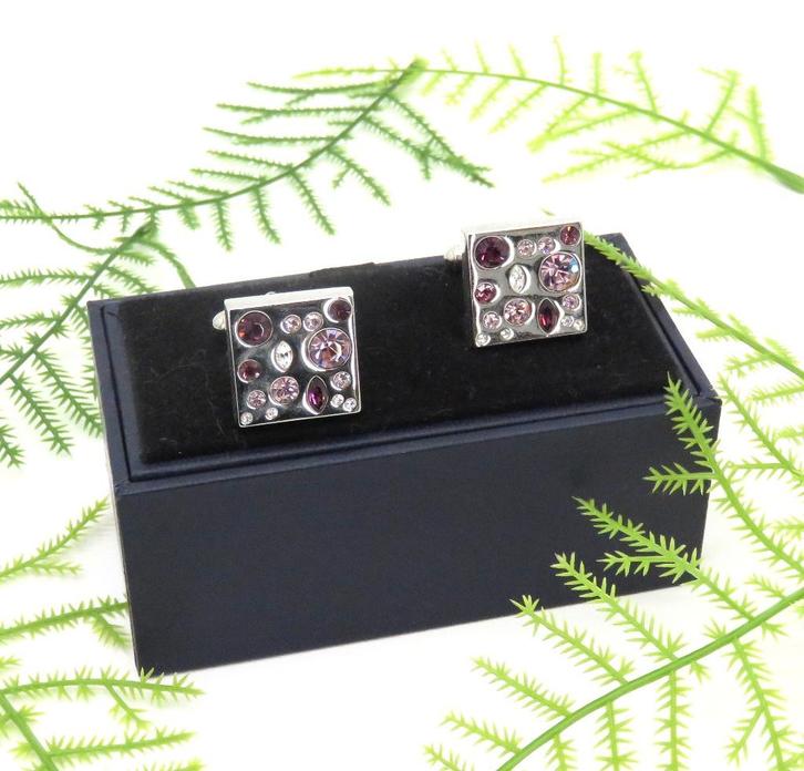 Vierkantige manchetknopen Amethist met strass steentjes., Sieraden, Tassen en Uiterlijk, Manchetknopen, Nieuw, Overige materialen