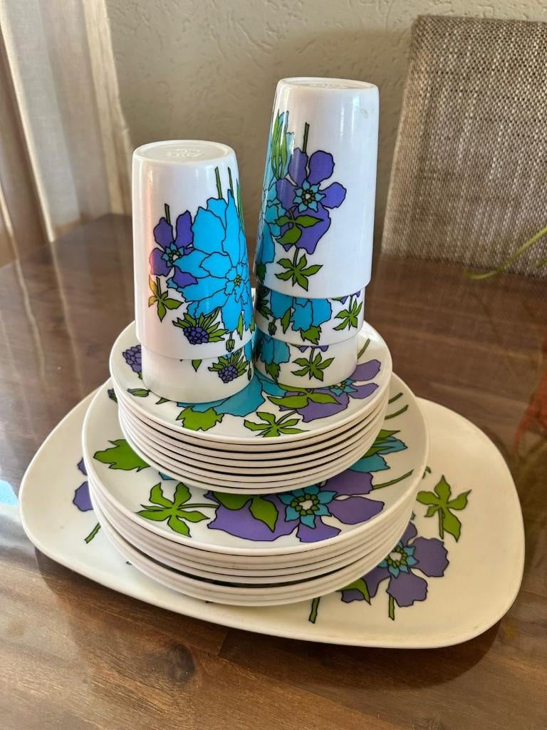Coraline melamine servies bord vintage beker camping retro, Caravans en Kamperen, Ophalen, Gebruikt