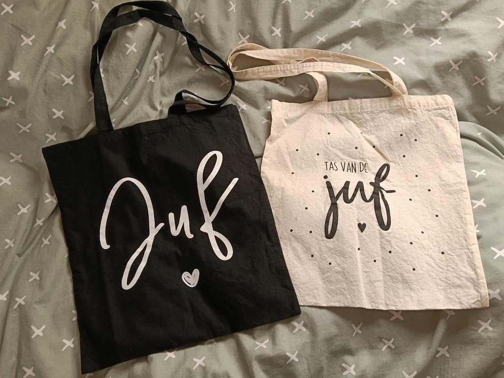 2 katoenen tassen 'juf', Ophalen of Verzenden, Zo goed als nieuw