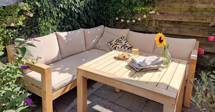 Loungeset high dining van acaciahout compleet met kussens, Tuin en Terras, Tuinmeubel-accessoires, Gebruikt, Ophalen