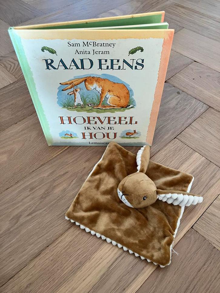 Raad eens hoeveel ik van je hou boek + knuffeldoekje, Boeken, Kinderboeken | Baby's en Peuters, Zo goed als nieuw, 0 tot 6 maanden