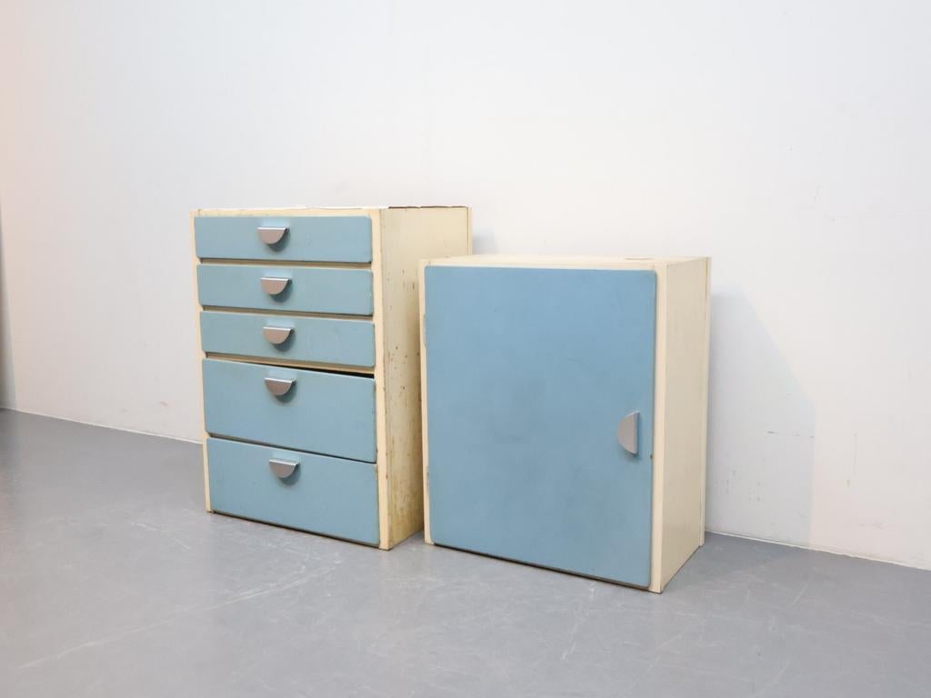 2 Vintage Bruynzeel Keukenkastjes - Piet Zwart - Blauw, Huis en Inrichting, Ophalen, Gebruikt, Bruynzeel, .