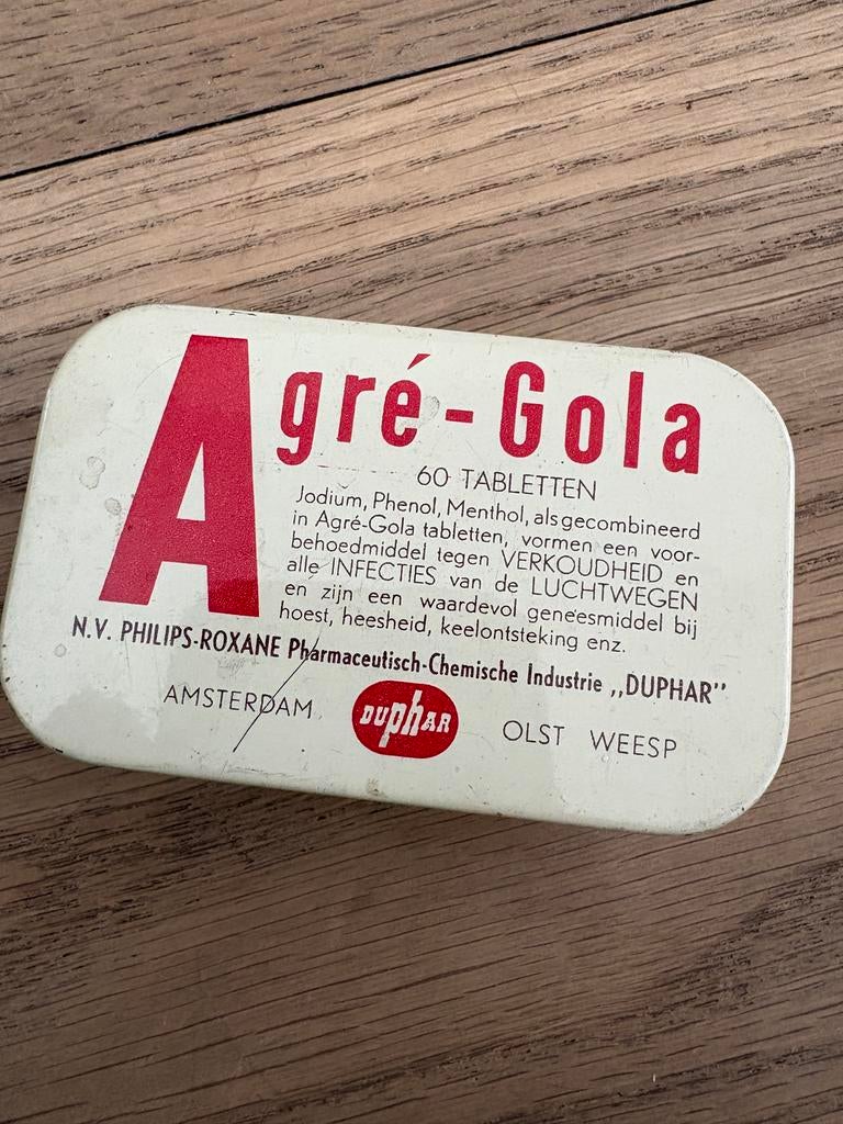 Vintage Agre-Gola blikje - Philips-Roxane Duphar, Ophalen of Verzenden