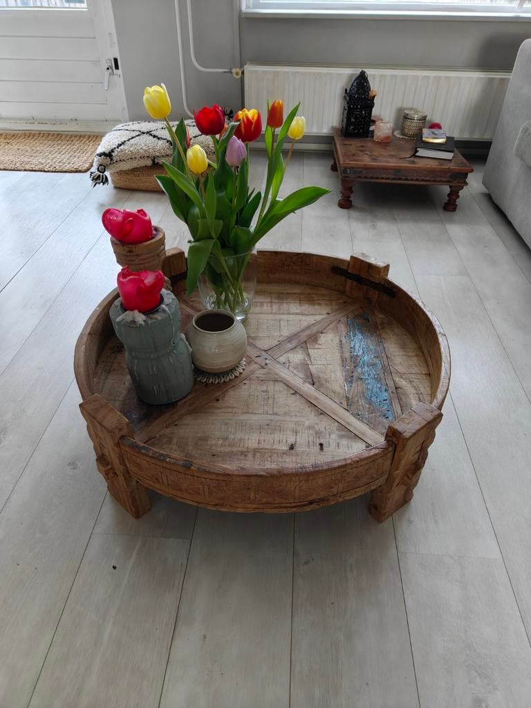 Originele Indiase Chakki Tafel - Ø 76 cm, Huis en Inrichting, Tafels | Salontafels, Ophalen, Gebruikt, 50 tot 100 cm, 50 tot 100 cm