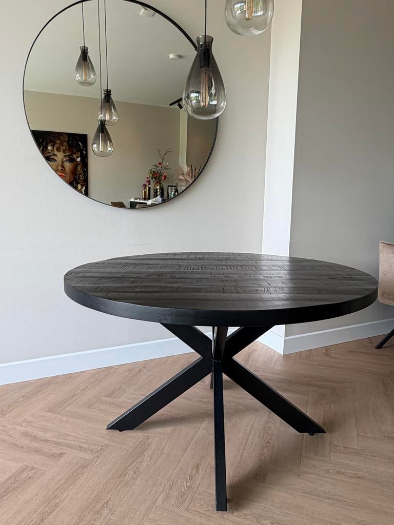 Ronde eettafel (130cm) zwart en metalen onderstel, Huis en Inrichting, Tafels | Eettafels, 100 tot 150 cm, Rond, Ophalen of Verzenden