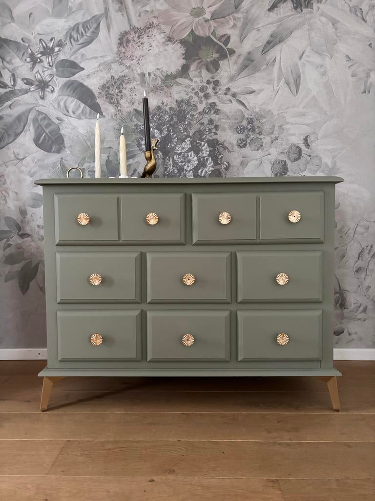 Groene ladekast ~ aphotekerskast met gouden knoppen, Ophalen, Gebruikt, 5 laden of meer, 50 tot 100 cm