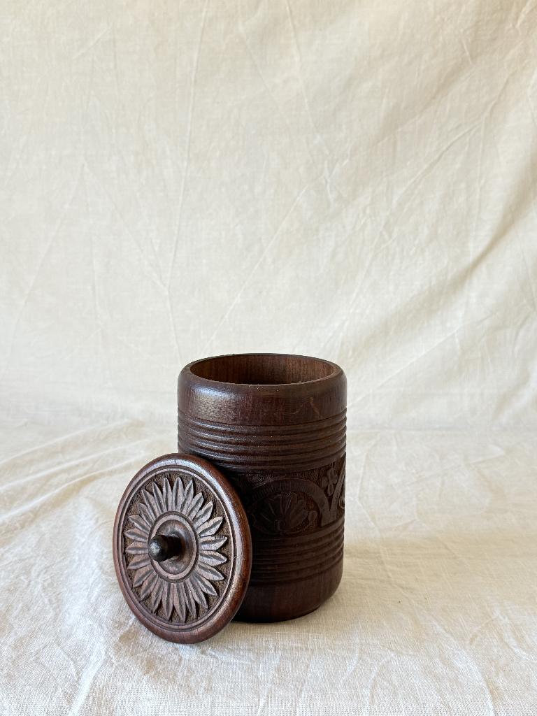 Prachtige houtsnijwerk Houten Voorraadpot met Deksel, Huis en Inrichting, Overige materialen, Gebruikt, Overige kleuren, Ophalen of Verzenden