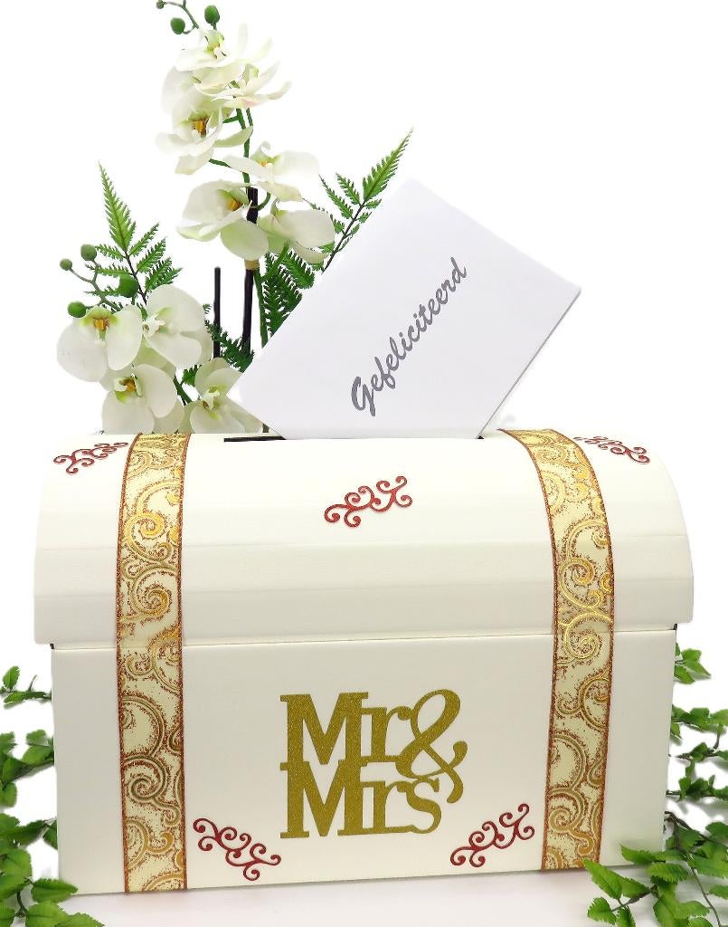 Mooie Mr & Mrs enveloppendoos, goud, koper en brons versierd, Ophalen of Verzenden, Nieuw, Feestartikel, Geboorte of Huwelijk