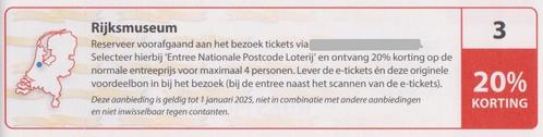 Rijksmuseum Amsterdam, 20% korting. Postcodeloterij bon nr 3, Tickets en Kaartjes, Musea, Drie personen of meer, Kortingskaart