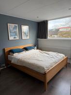 Houten bed 160x200 met Pullman matras, lattenbodem en dekbed, Ophalen, Gebruikt, Bruin, Tweepersoons